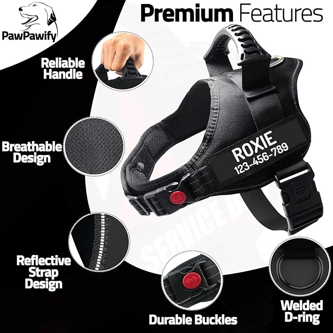 Personalized No Pull Dog Harness with Custom Name and Phone Number by PawPawify, Heavy Duty Pet Vest to Prevent Tugging, Pulling, or Choking, Training and Walking Black