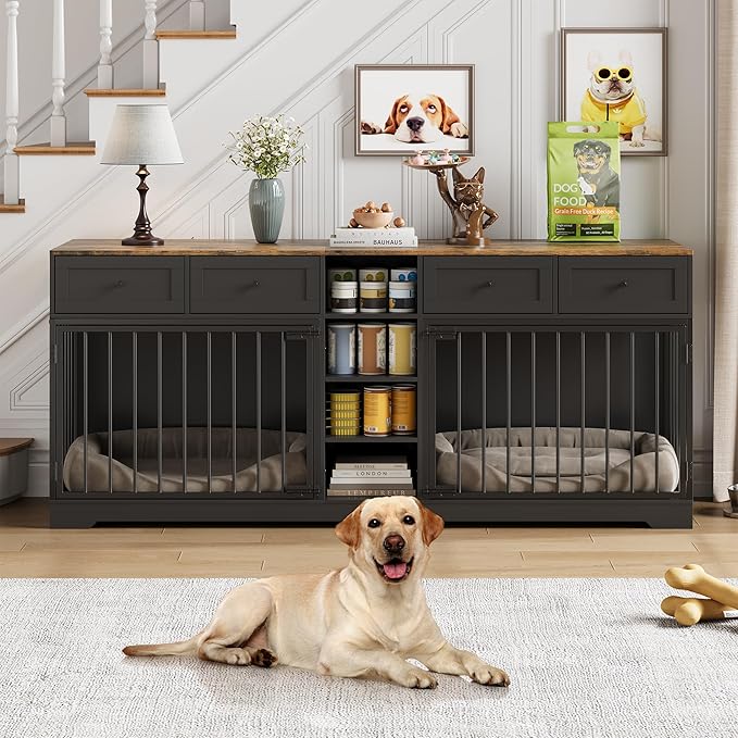 IDEALHOUSE 82" Large Dog Crate for 2 Dogs, Dog Kennel Indoor with 4 Drawers and Shelves, Double Dog Crate Furniture TV Stand, Wooden Dog Cage for Medium Large Dogs, Black