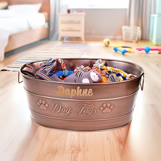 BREKX Personalized Metal Dog Toy Bin - Copper Galvanized Storage Bin with Handles, Basket for Pet Toys, Dog Toy Box, Pet Storage - Custom Dog Name Gift (Large)