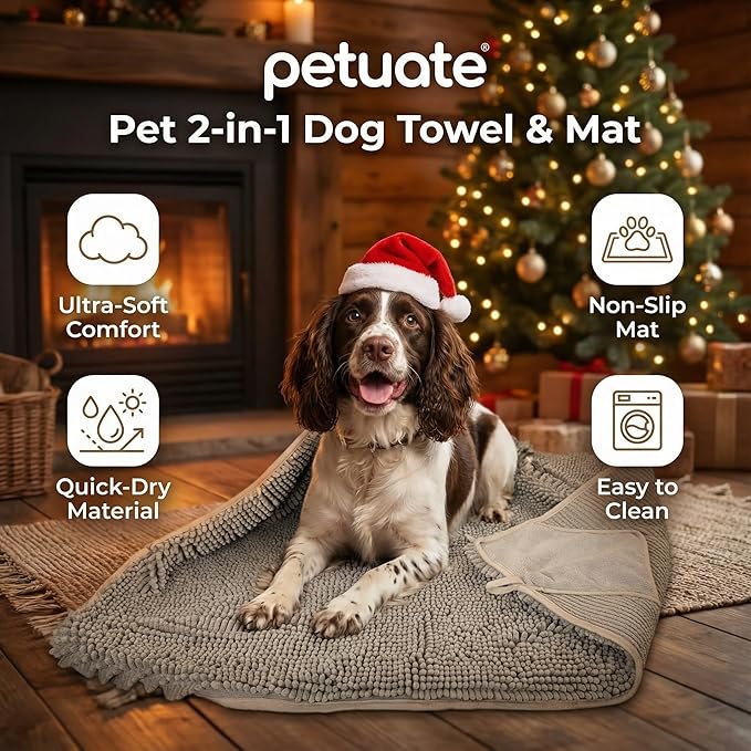 Pet 2-in-1 Dog Towel & Mat – Transforms from Drying to Bath Mat, Ultra Soft, Absorbent & Quick-Drying, Machine Washable Dog Towels with Detachable Non-Slip Mat and Hand Pockets (Medium)