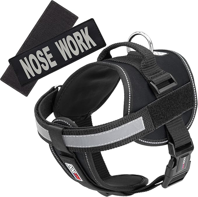 Dogline Vest Harness for Dogs and 2 Removable Nose Work Patches, Medium/22 to 30", Black
