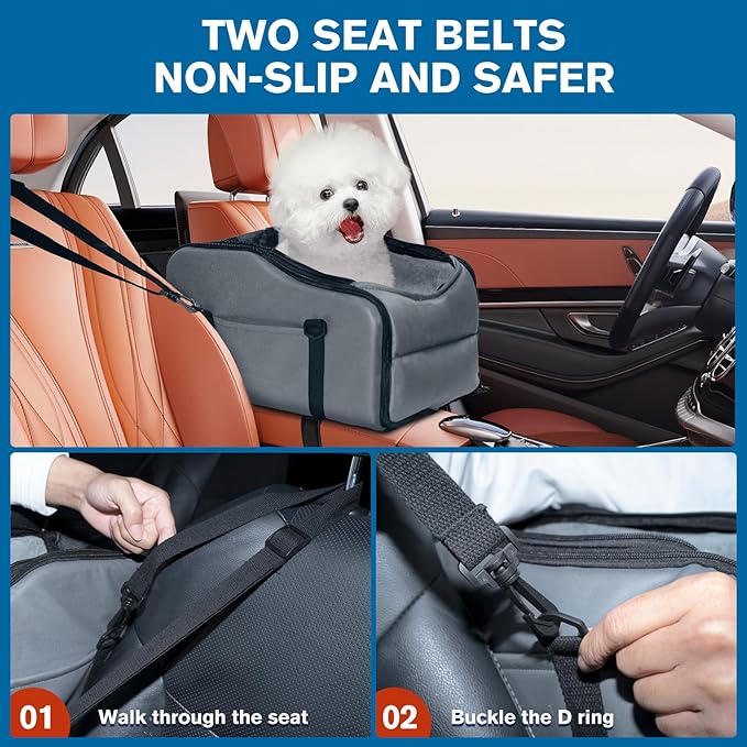 Center Console Dog Car Seat, Portable Dog Car Booster Seats for Small Dogs Up to 9lbs, Foldable Pet Puppy Ca Seats with Zippered Mesh Top, Safety Leash, Adjustable Belts, Storage Pockets