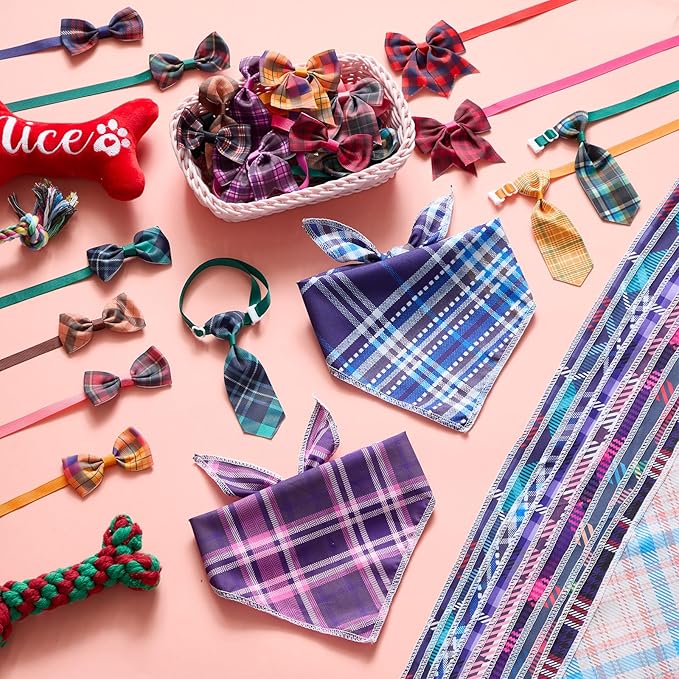 Reginary 120 Pcs Plaid Dog Bandanas Bulk Dog Bows Set Bow Ties Cat Scarf Colorful Washable Triangle Pet Kerchief Cute Bib for Summer Small Medium Large Pets Grooming Accessories Costume