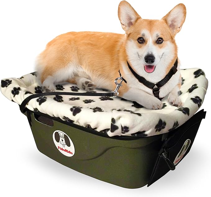 FidoRido Dog Car Seat - Pet Booster Seat for Small to Large Dogs with Comfortable Cushions, Sherpa Cover, and Safety Straps, Easy to Install, Ideal for Travel, White Black Paw Prints - Large Harness