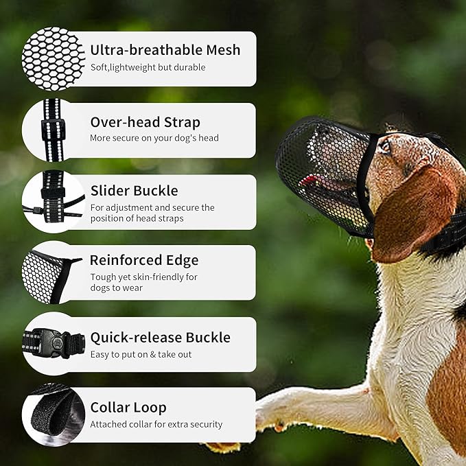 Dog Muzzle, Breathable Soft for Medium to Large Dogs to Anti & Prevent Barking Biting Chewing, Reflective & Adjustable Basket Muzzle with Air Mesh for Beagle Black L