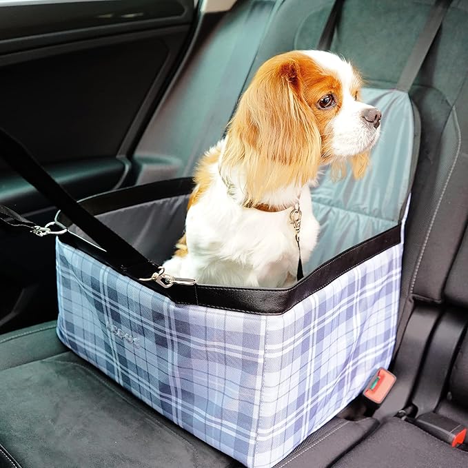 SUSSEXHOME Pets Water and Stain Proof Dog Car Seats for Small Dogs - 15.75 x 12.6 x 9.85 Inches Dog Booster Seat with Removable, Adjustable Fastening Straps - Gray-Tartan