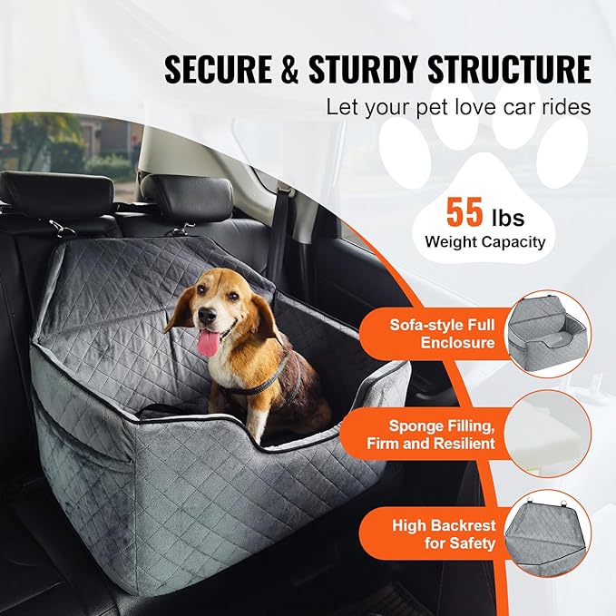 Happybuy Dog Car Seat, Dog Booster Seat for Car with A Storage Pocket, Pet Car Seat with Clip-On Safety Leash, Sponge Filling, Dog Car Bed for Medium & Large Dog up to 55 lbs, Gray