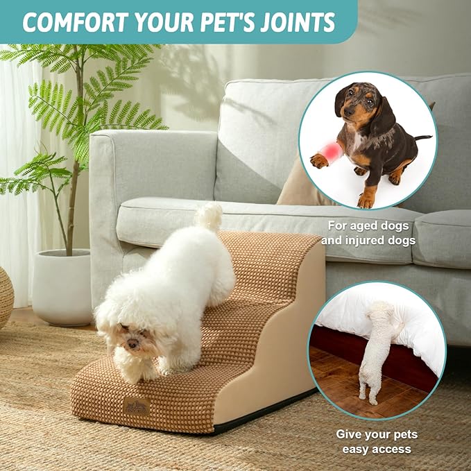 Dog Stairs for Small Dogs 15.7" H, Curved Dog Step for Puppy, Older Cat, Medium Pet Ramp for Sofa, Couch or Chair, Ladder with High Density Foam, 3 Step, 15.7x22.4x15.7 inch, Light Brown