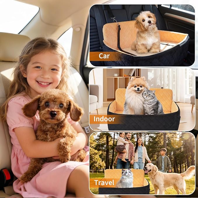 Dog Car Seat for Large Dogs Up to 55 lbs, Pet Booster Seat with Memory Foam, Non-Slip Washable Dog Car Bed with 2 Safety Leashes & Storage Pockets for SUV & Sedan