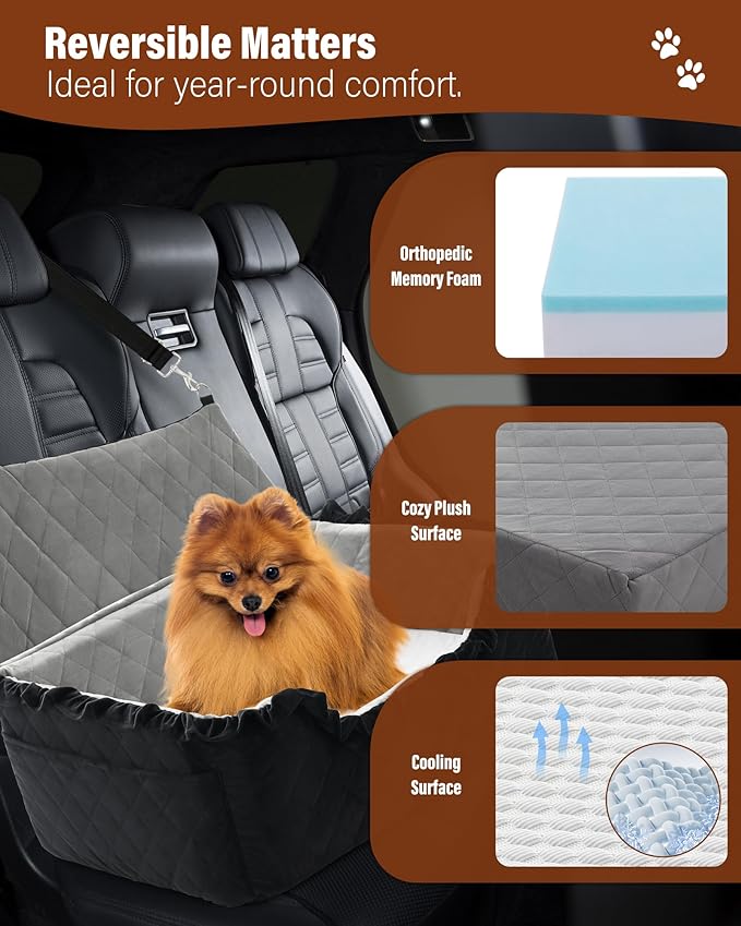 Dog Car Seat for Large Medium Dogs Under 55 lbs, Dog Booster Seat for 2 Small Dogs, Detachable Washable Pet Travel Bed with Thick Memory Foam Cushion, Safety Belt and Storage Pockets | Black