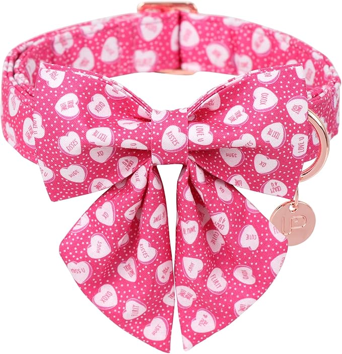 Valentine’s Dog Collar with Bow Tie, Pink Heart Bowtie Collar with Metal Buckle, Valentine’s Gift Pet Collar for Puppy Girl Boy Dog or Cat, Wedding Dog Collar,XL