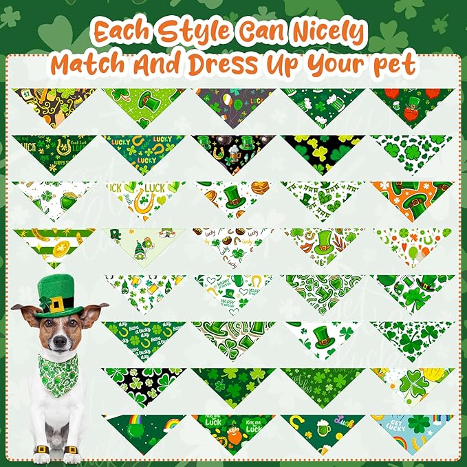 Reginary 72 Packs St. Patrick's Day Dog Bandanas Bulk Shamrock St. Patrick's Day Green Soft Dog Scarf Adjustable Pet Puppy Bibs Triangle Puppy Bibs Adjustable Cat Bandana for Pet Costume Accessories