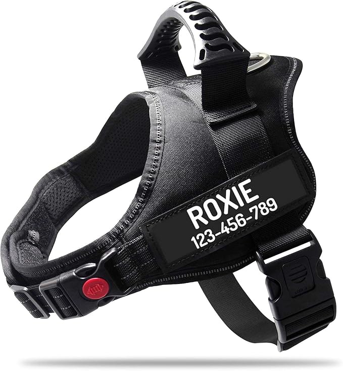 Personalized No Pull Dog Harness with Custom Name and Phone Number by PawPawify, Heavy Duty Pet Vest to Prevent Tugging, Pulling, or Choking, Training and Walking Black
