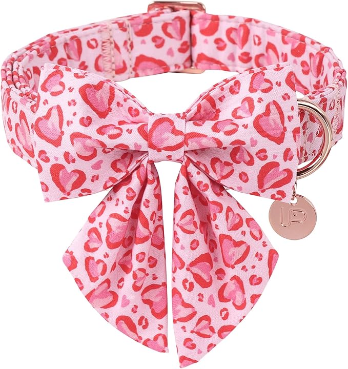 Valentine’s Day Dog Collar with Bow Tie, Pink Heart Bowtie Collar with Metal Buckle, Valentine’s Day Gift Pet Collar for Puppy Girl Boy Dog or Cat, Wedding Dog Collar, S, Neck 10-16in