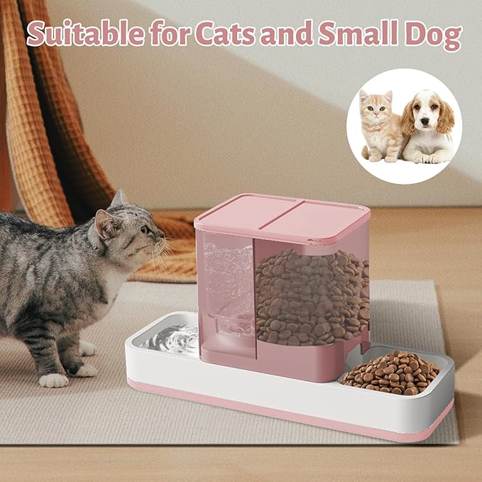 Yummy Sam Automatic Small Pet Feeder and Water Dispenser, 2 in 1 Gravity Cat Auto Pet Feeder and Waterer Set Feeder Dish for Small Medium Pets Dog Puppy Kitten (Pink)