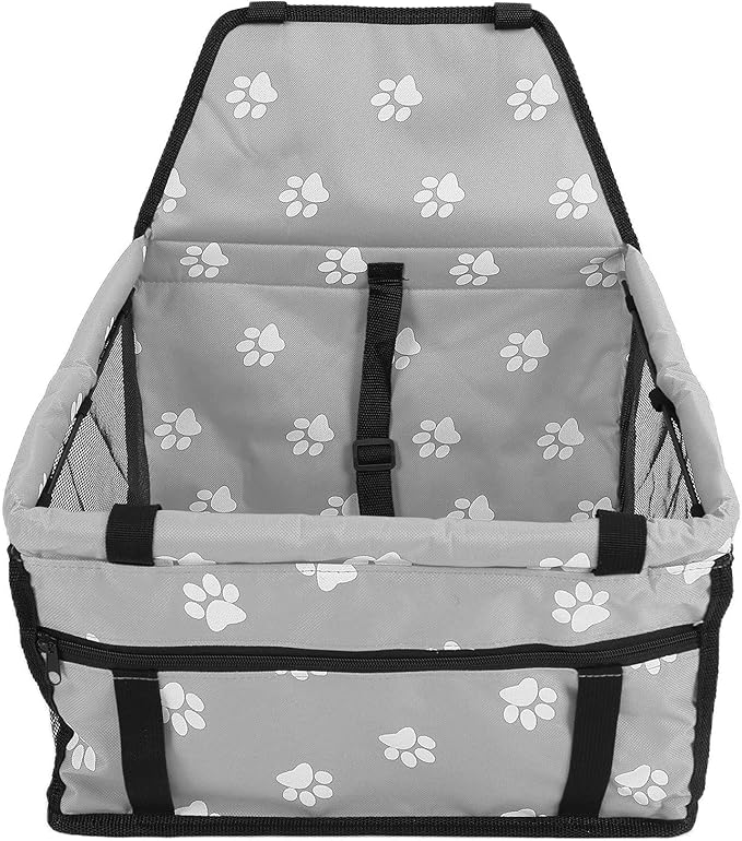 Pet Carrier Cage Dog Car Seat Bear Pattern Washable Foldable Pet Safety Travel Seat with Support Rod for Cars Oxford Cloth Material (Gray paw Print Support Stick Style)
