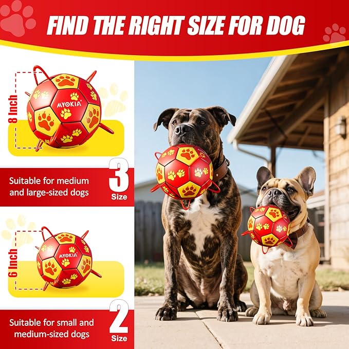 Size 3 Dog Soccer Ball with Straps Durable Training Ball for Pets Interactive Outdoor Dog Toy, Red & Yellow, Paw Prints Design, for Medium & Large Dogs' Playtime