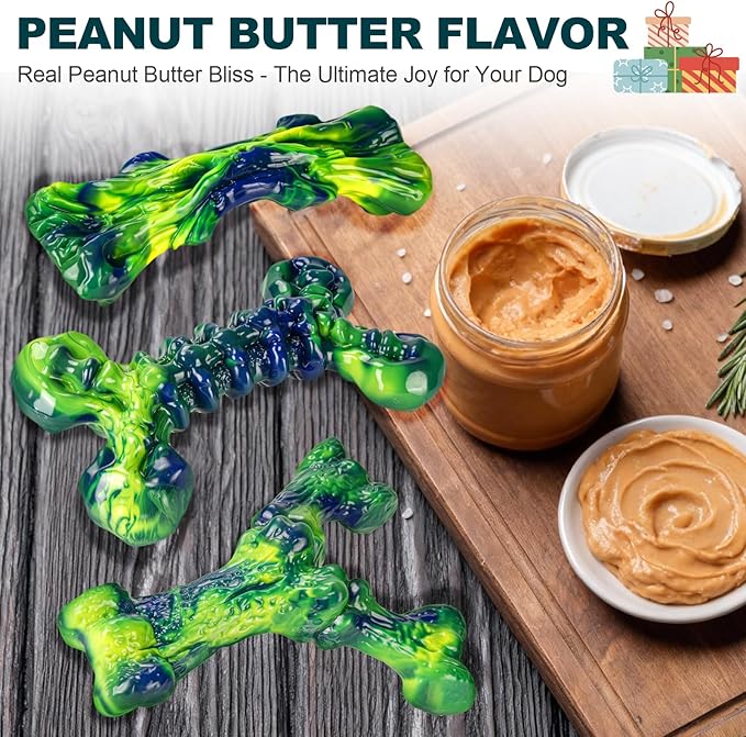 Indestructible Dog Chew Toys for Aggressive Chewers: 3-Pack Peanut Butter Flavored Tough Nylon Chew Bones for Medium & Large Dogs 25–80 lbs, Long-Lasting St. Patrick's Day Dog Gift (Green)