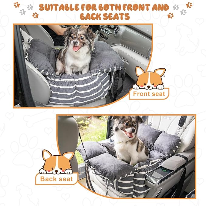 Small Dog Car Seats Washable Dog Booster Seat for Car Clip-On Leash and Cushion with Storage Pockets Under 25lbs Portable Travel Pet,Black with Handle