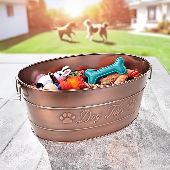 BREKX Indestructible Metal Dog Toy Bin - Galvanized Metal Bin with Handles for Accessory Storage - Pet Toy Basket, Blanket Basket - Storage Dog Toy Box, Farmhouse Decor (Copper - 25 Quart)