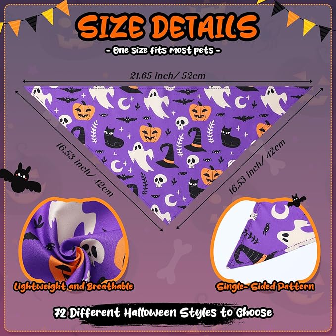 Reginary 72 Packs Halloween Dogs Bandanas Bulk Pet Scarf Pumpkins Bibs Adjustable Dog Bandana for Halloween Pet Costume