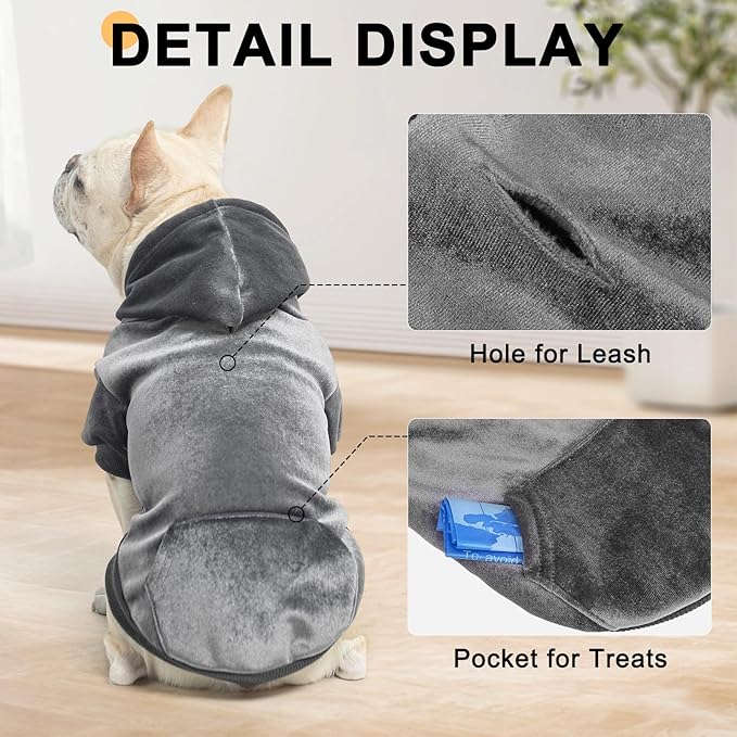 BEAUTYZOO Dog Hoodie Sweaters for Small Medium Dogs- Warm Fall Winter Fleece Jacket for Cold Weather, Soft Velour Hooded Coat with Leash Hole & Pocket, Puppy Sweatshirt Clothes Bulldog Schnauzer, Grey