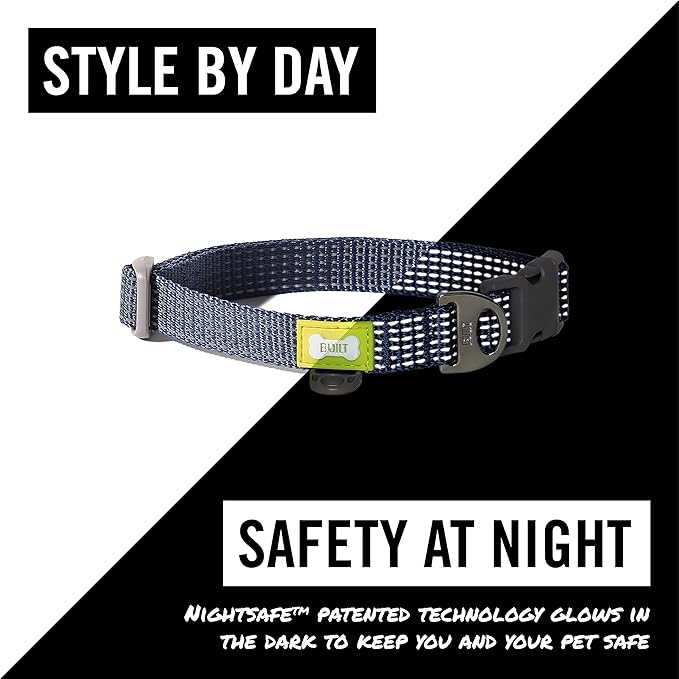 BUILT PET NightSafe Reflective Adjustable Dog Collar, Helps You See Animals in The Dark, High Visibility Evening & Winter Dog Walking Safety Collar with Light Reflecting Trim, Large, 46 – 66cm, Blue