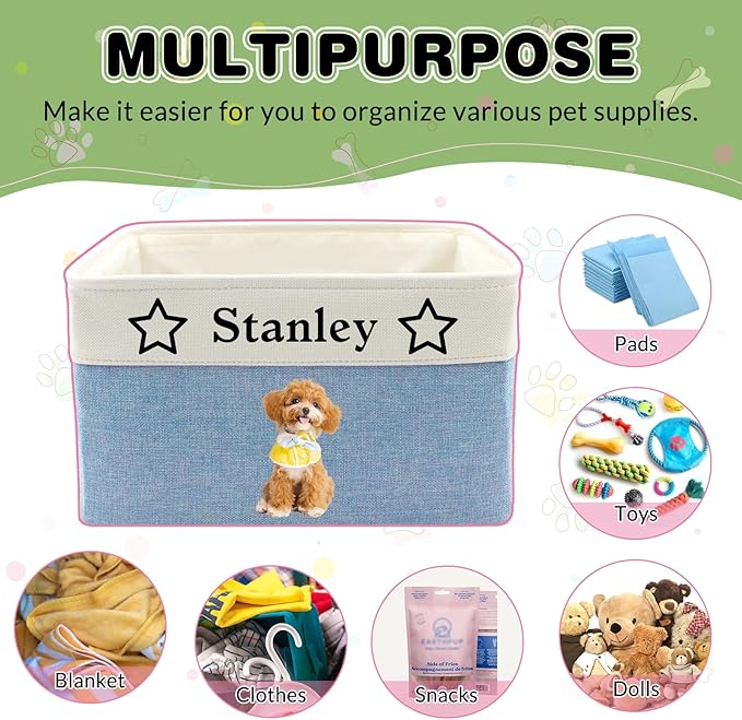 Personalized Dog Toy Basket with Name Photo Custom Cat Storage Organizer Box Collapsible Pet Chest Bins Customized for Toys Clothing-Pink