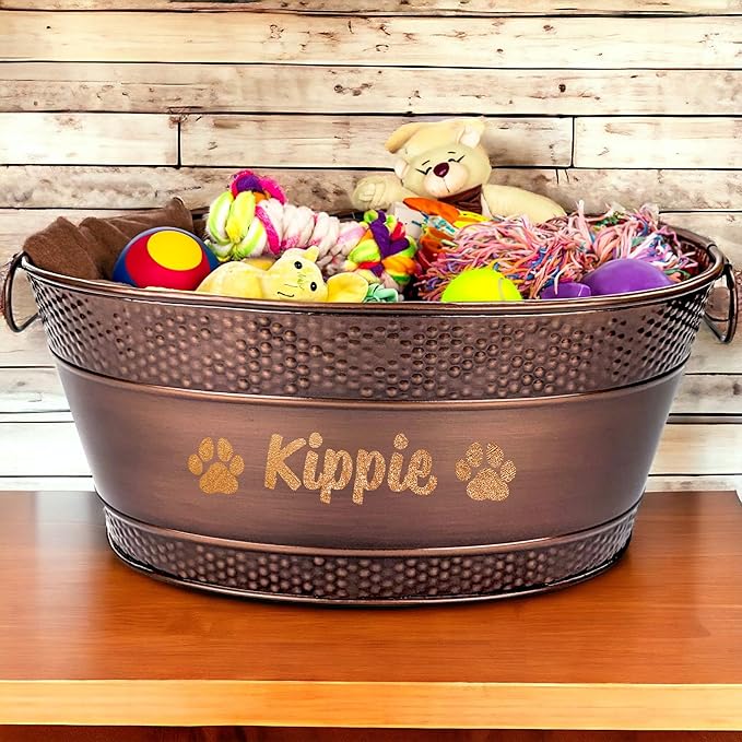 BREKX Personalized Metal Dog Toy Bin - Copper Galvanized Storage Bin with Handles, Basket for Pet Toys, Dog Toy Box, Pet Storage - Custom Dog Name Gift