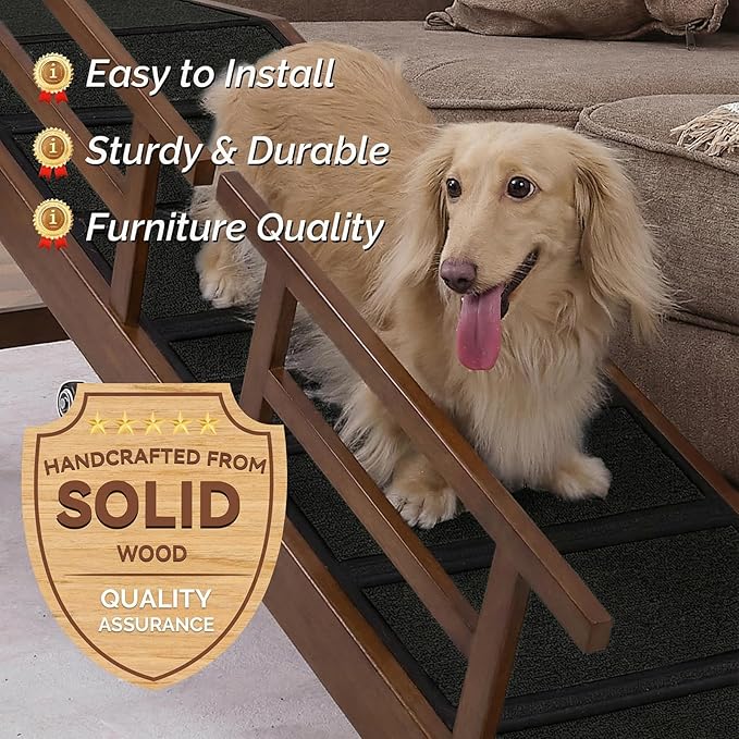 Dog Ramp for Bed or Couch, Wooden Pet Ramp with 20° Gentle Slope, Removable Side Rails, Non-Slip Surface, Top Platform & Wheels, Safe Bed Ramp for Small, Medium & Senior Dogs, 60" Long, Walnut