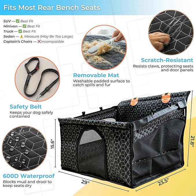 Dog Car Seat for Large Medium Dogs | Waterproof Dog Seat Cover for Back Seat with Hard Bottom | Alloy Twist-Lock Rods | 3 Mesh Windows | Removable Fleece Mat | Cars, SUVs, Trucks