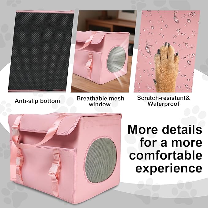 Dog Car Seat for Small Dogs, up to 13lbs, Foldable Dog Car Booster Seat with Non-Slip Bottom, Safety Tether and Storage Pocket, Comfortable Waterproof Fabric, Breathable Mesh Windows, Pink