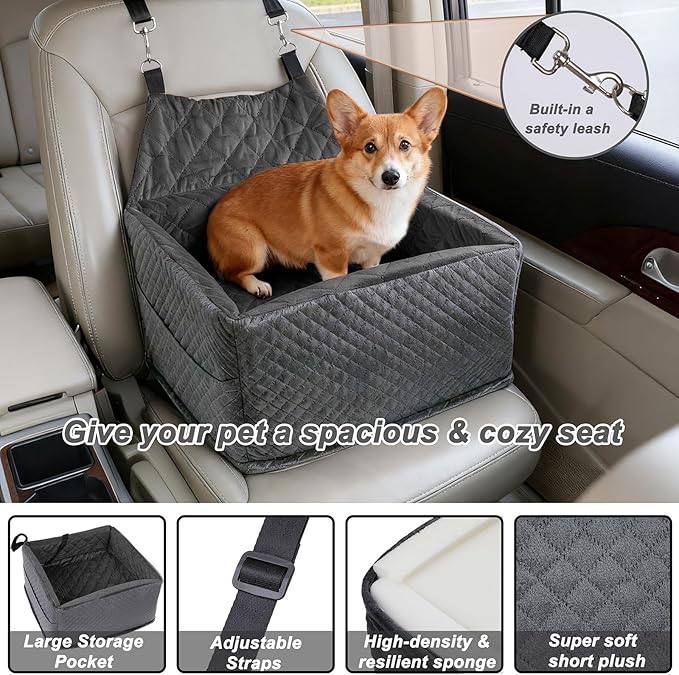 Memory Foam Dog Car Seat for Small/Medium Dogs,Travel Booster Seat for Dogs up to 35 lbs, Washable Removable Cover & Storage Pockets, Comfortable & Safe Car Seat for Pet Travel