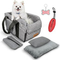 Center Console Dog Car Seat for Small Dogs & Puppies - Travel Carrier for Console with Built-in Safety Leash, Foldable Design, Dual-Sided Cushion, Puppy Booster & Bonus Yellow Chew Toy (Red)