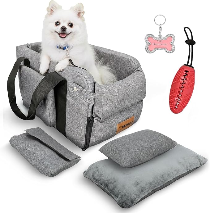 Center Console Dog Car Seat for Small Dogs & Puppies - Travel Carrier for Console with Built-in Safety Leash, Foldable Design, Dual-Sided Cushion, Puppy Booster & Bonus Yellow Chew Toy (Red)
