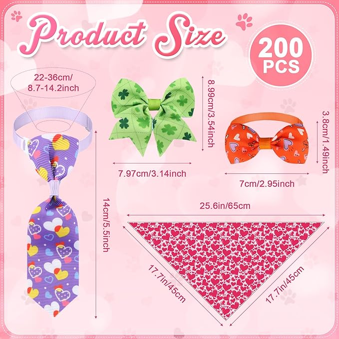 Reginary 200 Pcs Valentine's Day Dog Bandanas Bulk Dog Bows Ties St. Patrick's Day Pet Collars Set Clover Lucky Pattern Grooming Bowties and Neckties Collar for Small Middle Pets Puppies