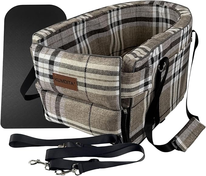 Kumdita' Center Console Car Seat & Carrier for Small Dogs & Cats with Dual Over-Seat Straps, Sewn-in Safety Leash & PE Board Base (Chequed)
