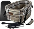 Kumdita' Center Console Car Seat & Carrier for Small Dogs & Cats with Dual Over-Seat Straps, Sewn-in Safety Leash & PE Board Base (Chequed)