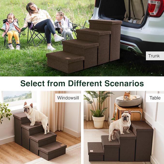 Love's cabin Dog Stairs for Small Medium or Large Dogs with Storage and Adjustable Steps,Foldable Dog Steps for Bed or Couch,4-Step Coffee Folding Cat Pet Ramp with Zip up to 200 lbs,Coffee