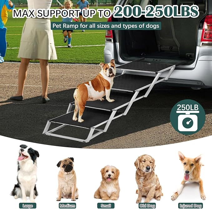 Dog Ramp for Car, Extra Wide Dog Stair for Large Dogs Car, Pet Steps Light Weight Aluminum Foldable Dog Steps for Cars and SUV,High Beds, Trucks, Supports up to 200 lbs (Extra Wide-4 Steps)