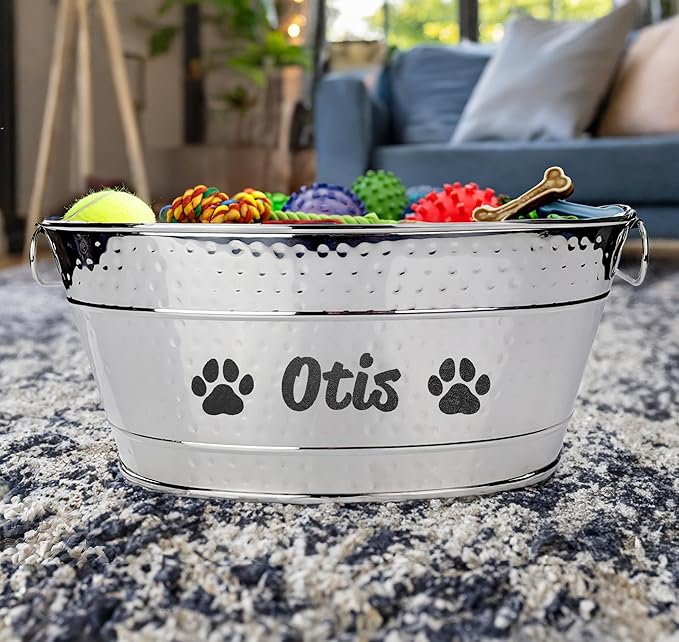 BREKX Personalized Metal Dog Toy Bin - Copper Galvanized Storage Bin with Handles, Basket for Pet Toys, Dog Toy Box, Pet Storage - Custom Dog Name Gift (Medium - Silver)