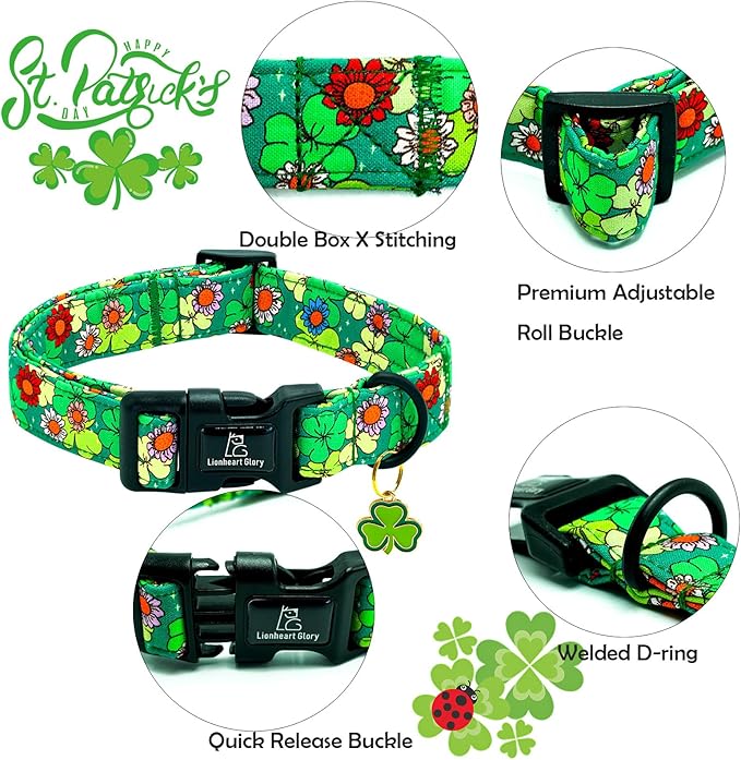 Lionheart glory St. Patrick's Dog Collar-Lucky Clover Shamrock Green Spring Trefoil Dog Collar for Medium Dogs Adjustable Heavy-Duty Dogs Collars Pet Gift Femal