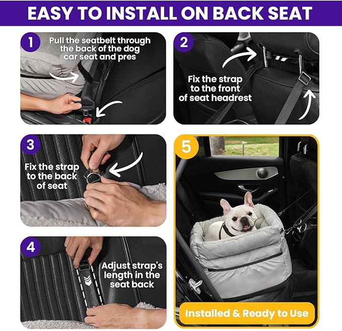 BurgeonNest Dog Car Seat for Small Dogs Under 25 lbs – Fully Detachable & Washable Pet Booster Seat with Safety Leash, Storage Pockets & Reversible Cushion, Portable Car Travel Carrier Bed, Grey