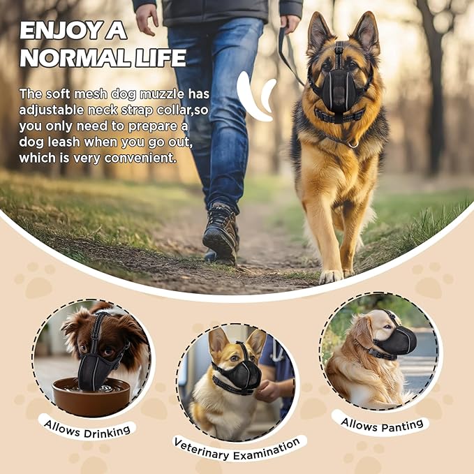 Dog Muzzle - Soft Breathable Mesh Nylon Adjustable Muzzle for Small Medium Large Dogs | Prevents Chewing,Biting & Scavenging | Allows Panting, Drinking & Grooming | Secure Collar Strap Design(Black L)