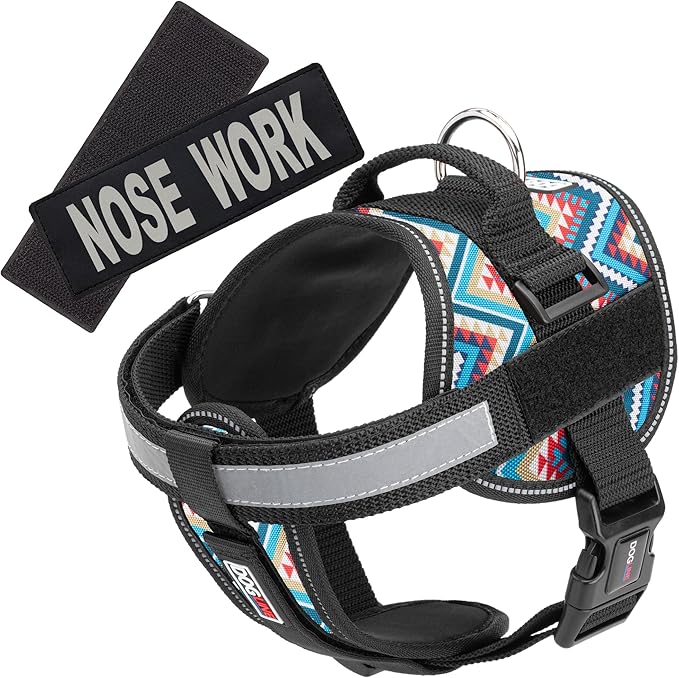 Dogline Unimax Dog Harness Vest with Nose Work Patches Reflective No-Pull, Adjustable Straps, Breathable Neoprene for Medical, Service, Identification and Training Dogs Girth 15 to 19" Aztec
