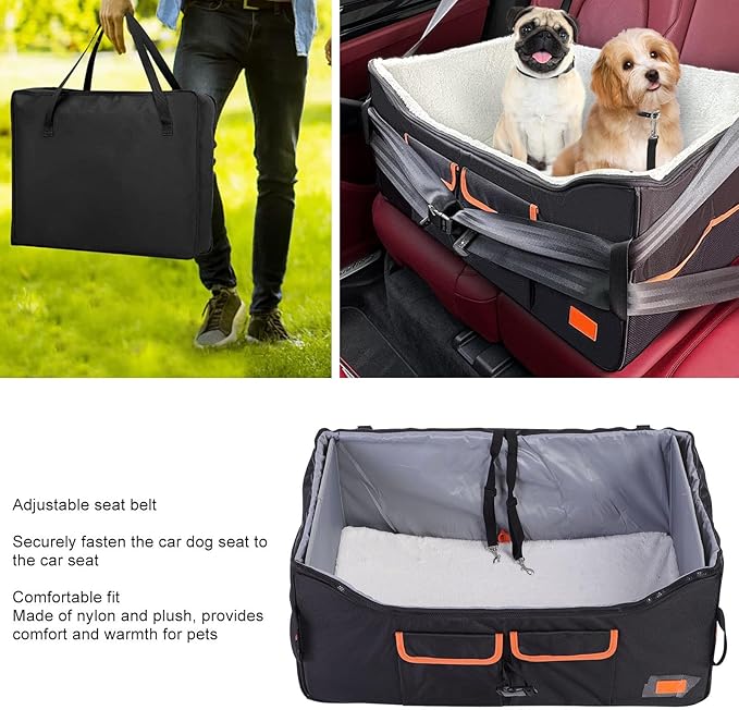 Dog Car Seat, Foldable Dog Booster Car Seat, Travel Dog Car Bed, Car Pet Seat with Mat and Adjustable Belt, Front Seat Dog Bed, Pet Car Carrier, Washable & Portable
