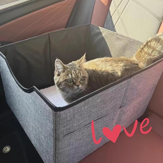 Portable Foldable Cat Dog Car Seat for Small Dogs Spacious Travel Bed with Clip-On Safety Leash Comfy Carseat with Storage Pockets Cat Puppy Car Travel Carrier Bed (Grey)