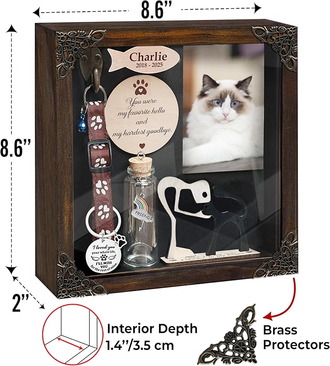 Personalized Shadow Box Dog Memorial Gift Collar Holder Picture Frame Sympathy Wood Pet Dog Cat Sculptures Fur Jar Rainbow Bridge Hair Teeth Keepsake Idea Gift for Pet Lover Tabletop Wall Hanging