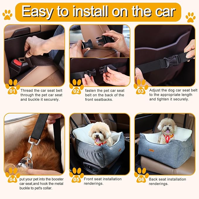 Dog Car Seat for Small Dogs Under 25Lbs, Portable Comfy Safe Puppy Car Seat Travel Bed with Storage Pockets, Fully Detachable Washable Dog Booster Carseats for Front & Back Seats, Gray