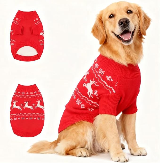 Christmas Small/Medium Dog Sweater, Warm Dog Winter Coat w/Sleeves & Leash Hole, Comfy Stretch Premium Dog Clothes for Golden Retriever-Best for Holidays, Daily Walks XXL Red